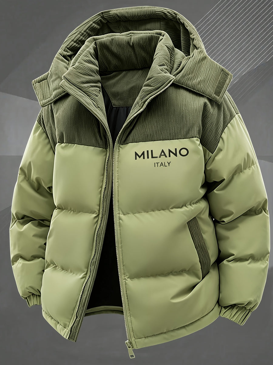 2025 New Winter Removable Hood Jacket Men'S Casual Print Hooded Coat Thickened Trendy Top Outerwear Men - Green