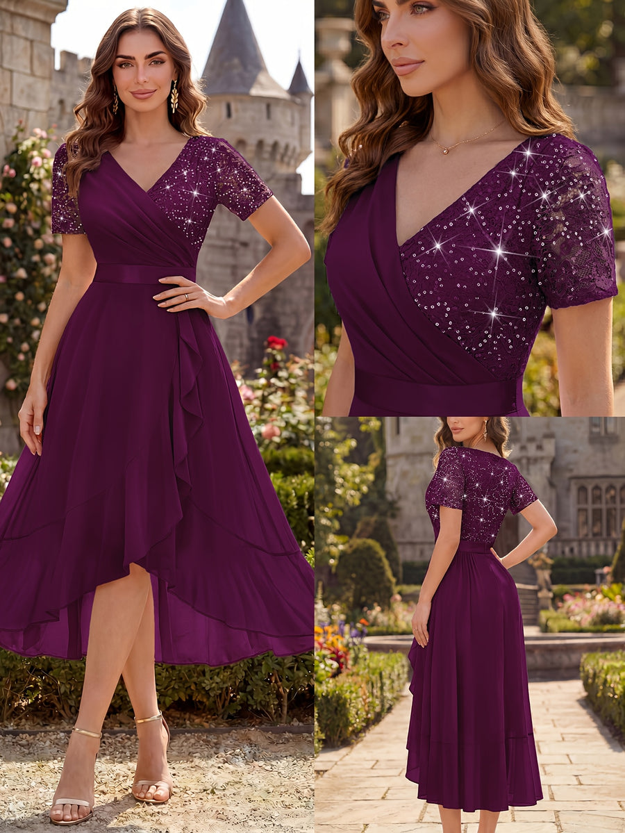 Women'S Elegant V-Neck Lace Chiffon Ruffled Trim Slit Wedding Party Long Dress - Maroon
