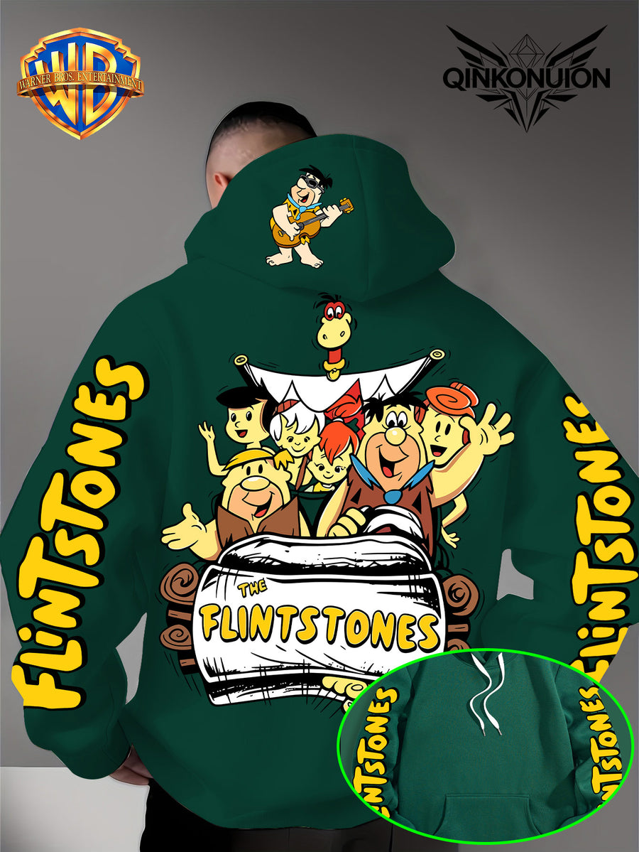Warner Official Men's Hoodie, Stone Age Family Travel Happy Nostalgic Print Design, Machine Washable, Warm and Casual for Autumn and Winter Daily Drawstring Hoodie, Multi Functional Sports and Leisure Loose Fit - Green