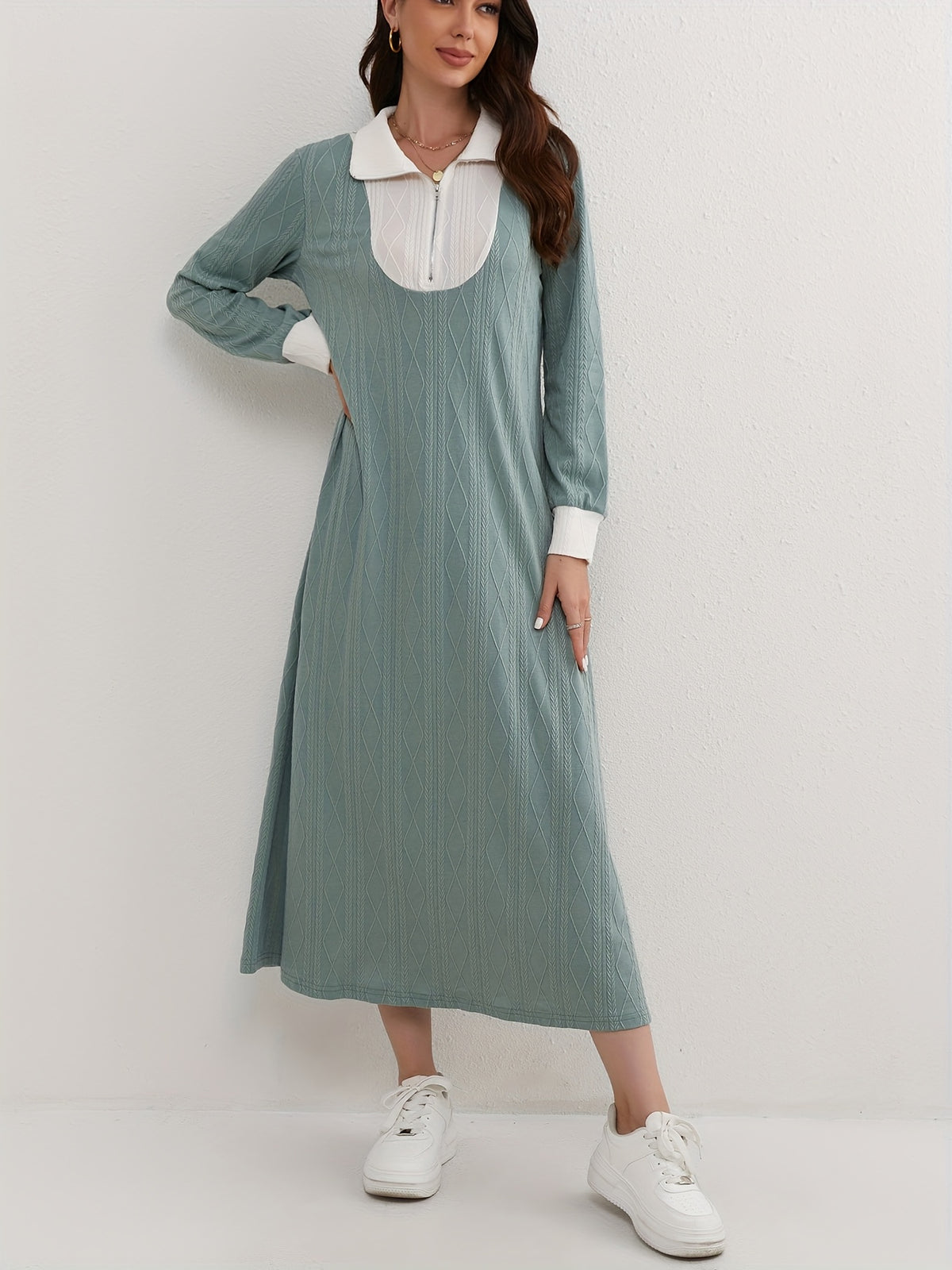 Geo Pattern Color Block Dress, Casual Long Sleeve Zipper Front Maxi Dress For Spring & Fall, Women's Clothing - Olive Green
