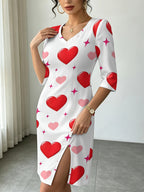 Pink White Hearts Women'S Fall Winter V-Neck Slit Dress, Casual Gift for Party, Elegant Business Commute, Figure-Flattering Trendy Digital Print - Multicolor