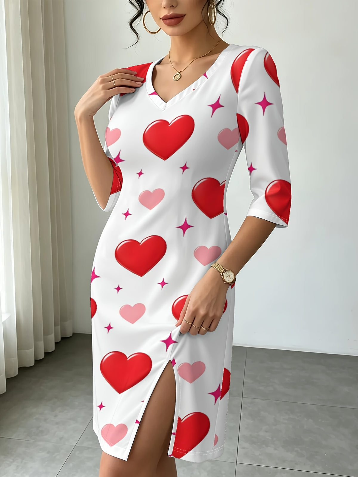 Pink White Hearts Women'S Fall Winter V-Neck Slit Dress, Casual Gift for Party, Elegant Business Commute, Figure-Flattering Trendy Digital Print - Multicolor