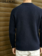 FORLENGKE Men's Business Casual Crew Neck Ribbed Knit Sweater, Soft Warm Long Sleeve Pullover for Fall Winter Office Daily Wear - Navy Color
