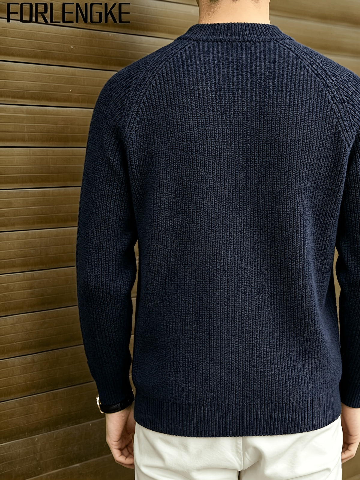 FORLENGKE Men's Business Casual Crew Neck Ribbed Knit Sweater, Soft Warm Long Sleeve Pullover for Fall Winter Office Daily Wear - Navy Color