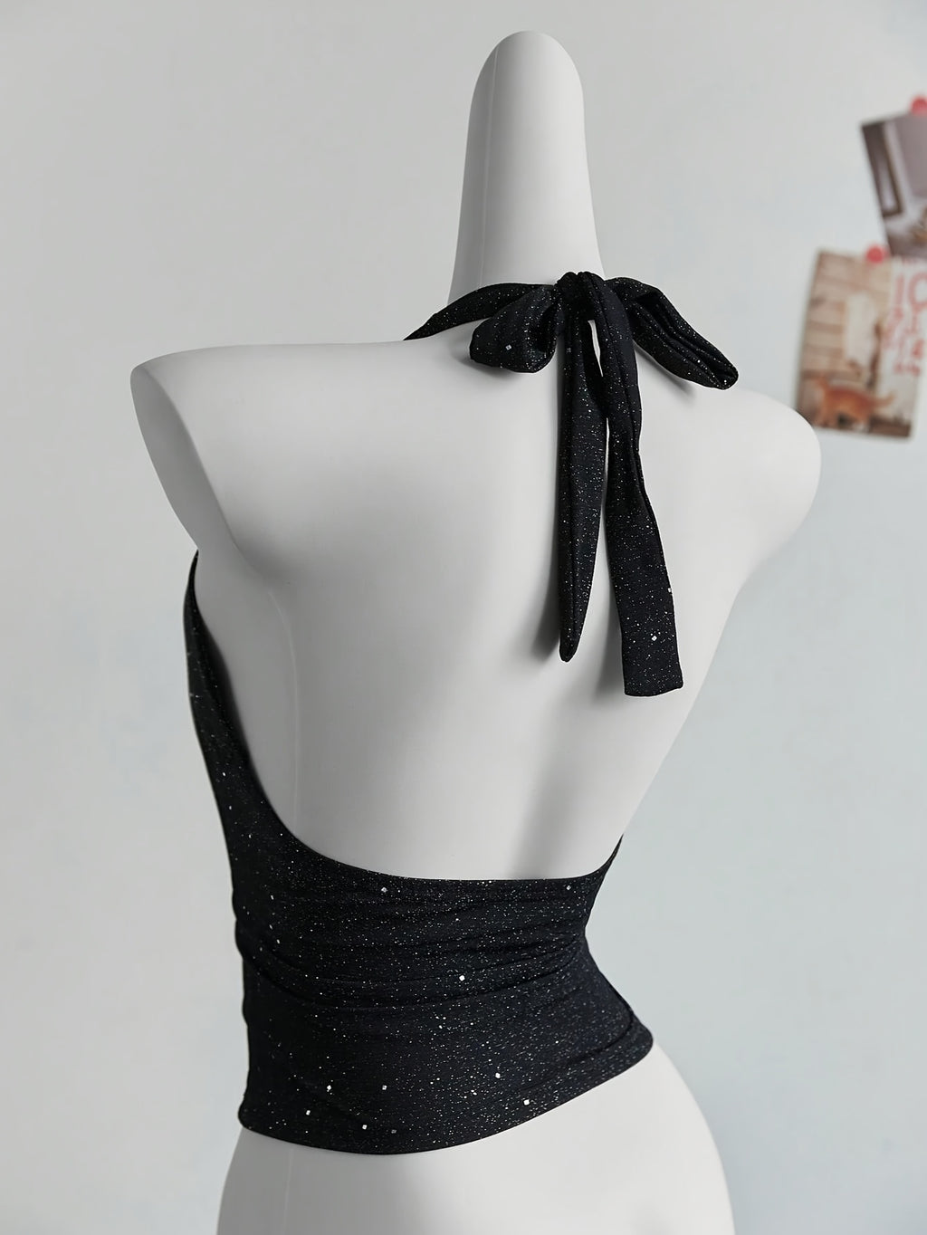 Fashion Shiny Cross-Back Halter Neck Crop Top ZLLZ - Black