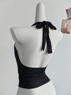 Fashion Shiny Cross-Back Halter Neck Crop Top ZLLZ - Black