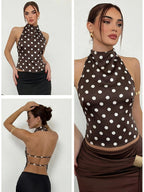 Women'S Summer Elegant Polka Dot Backless Vest Top, Fashionable Outfit, Vacation Top - Coffee Brown