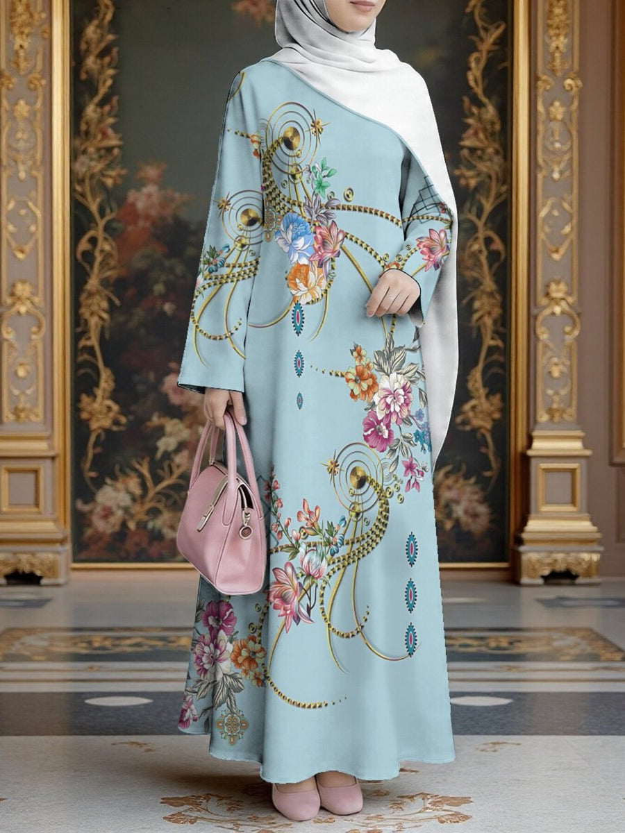 Women's Middle Eastern Style Muslim Elegant Robe, Light Blue Base with Colorful Floral Print, Loose Fit with Long Sleeves and Wide Hem, Suitable for Daily Wear, Parties, and Prayer, Breathable and Draping Fabric, Non-Embroidered, Muslim Women's - Mixed colors