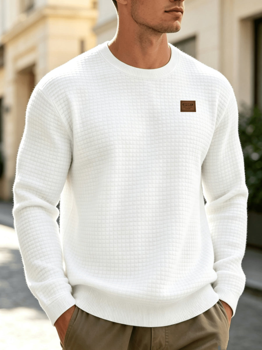 Men'S Knit Round Neck Solid Small Checkered Pullover Sweatshirt, Casual Easy Fashion Trendy Square Premium Men'S Clothing - White