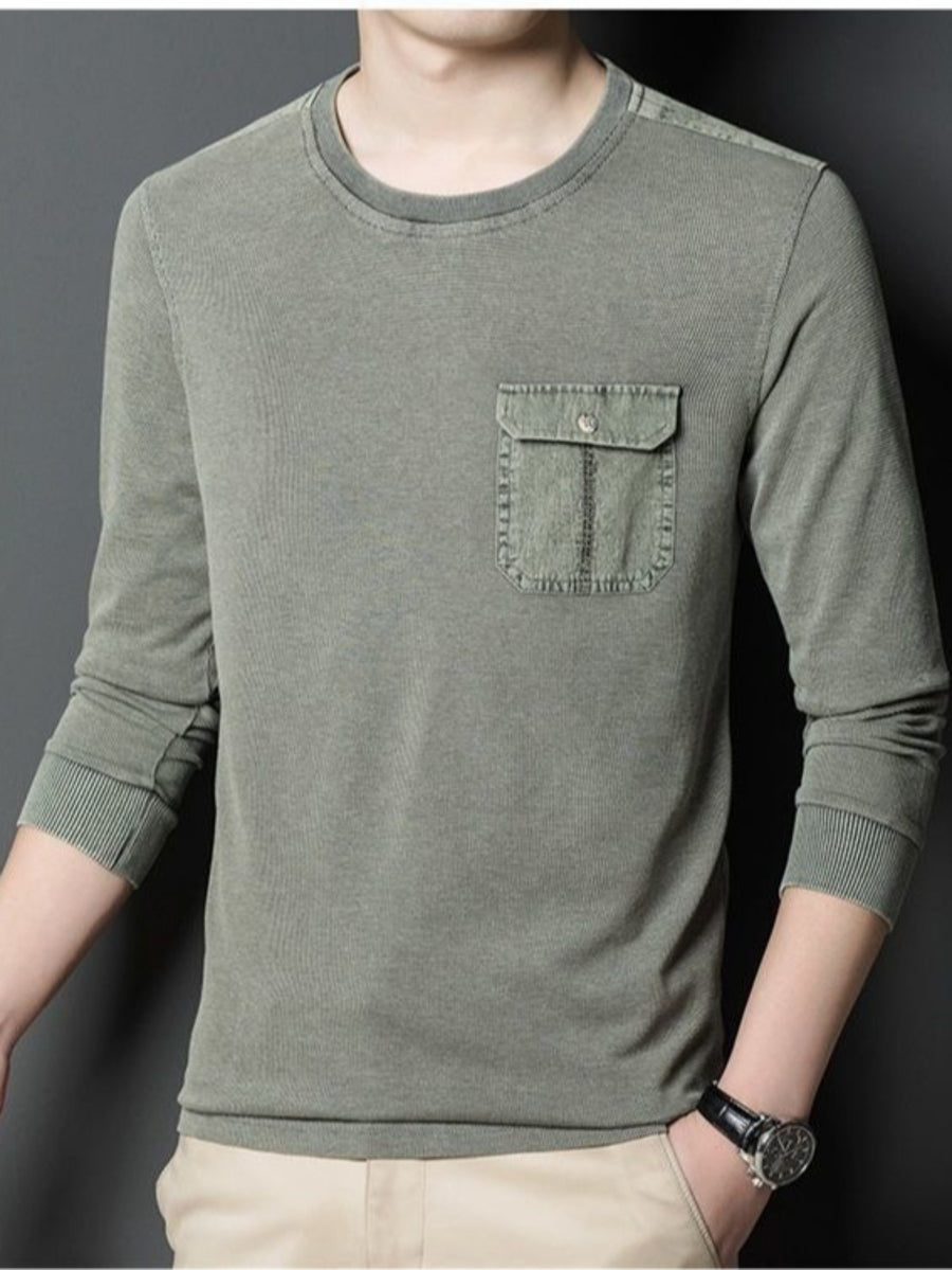 Men'S Round Neck Waffle Long Sleeve T-Shirt, Washed Distressed Craft Button Pocket Top, Comfortable Breathable Casual All-Match - Gray Green