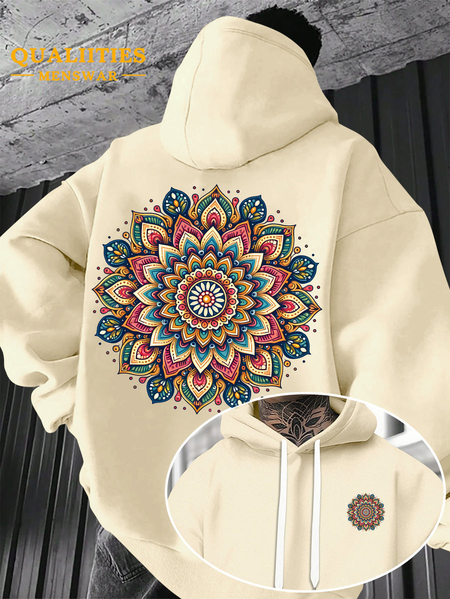 Men's "Mandala" Print Hooded Sweatshirt - Relaxed Fit, Simple and Distinctive Design, Loose Cut for Comfort and Style, Machine Washable Casual Pullover for Autumn/Winter, Suitable for Casual Wear, Hooded Sweater, Winter Apparel, Fashionable Design - Apricot
