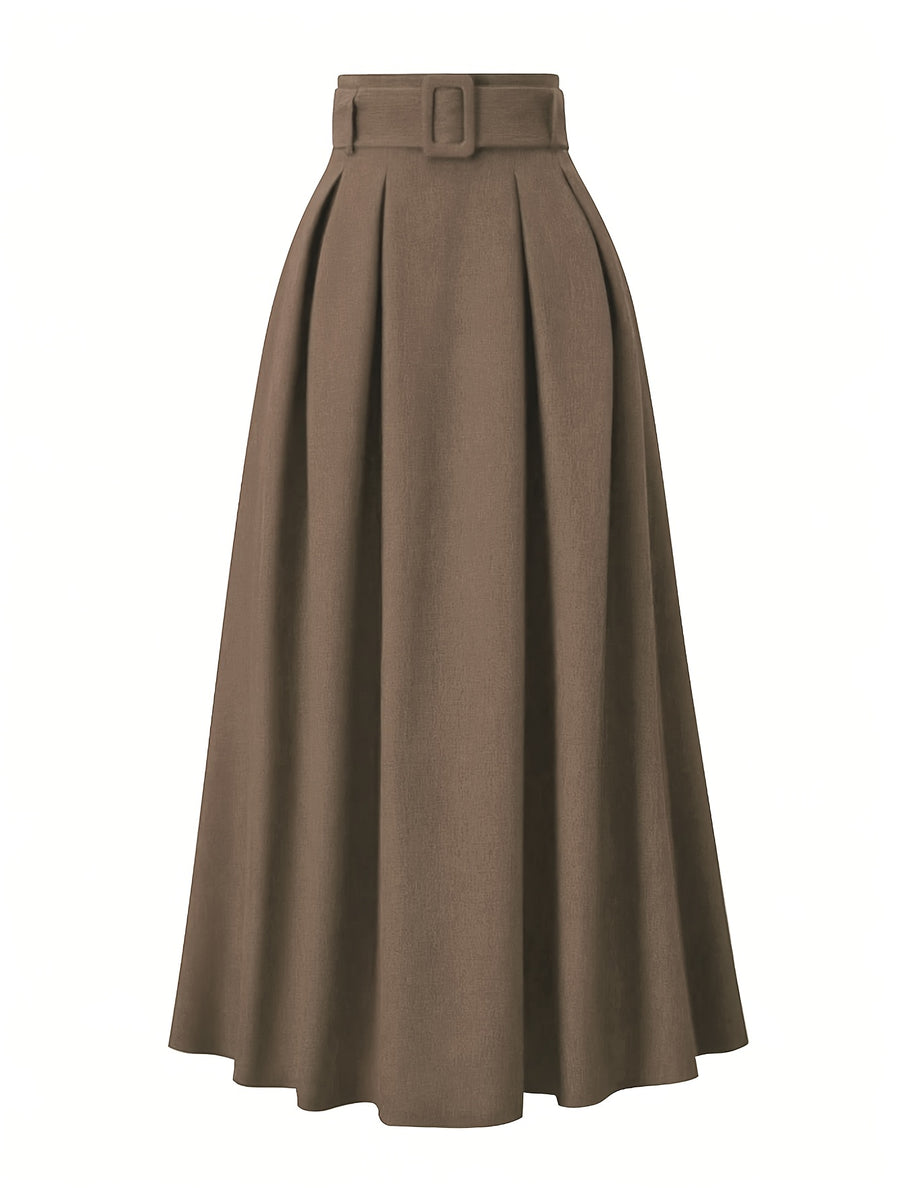 Elegant Women's Pleated Skirt for Daily and Holiday Wear, Christmas-Themed Color Palette, Elegant Korean-Style Belted Maxi Skirt - Camel