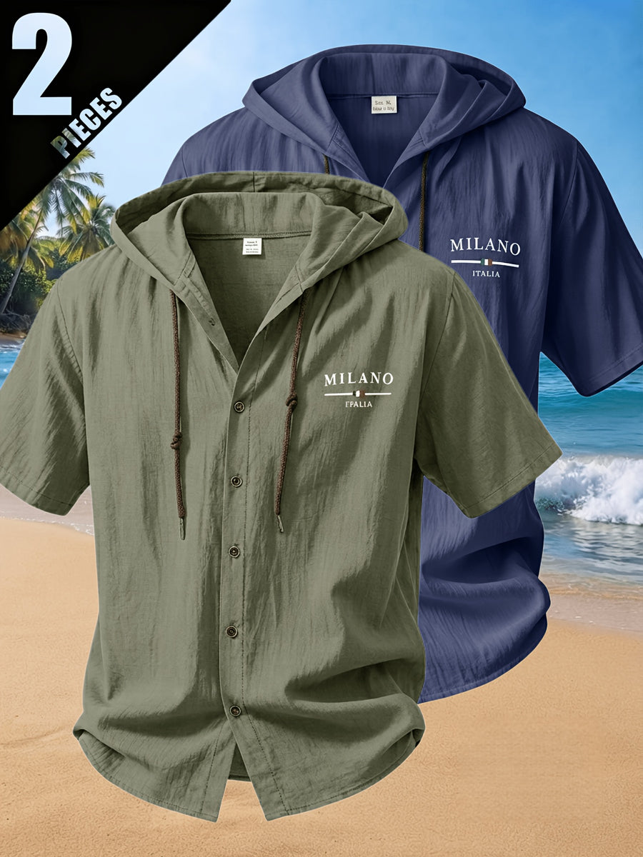 2pcs Men'S Summer Short Sleeve Shirt Set, Breathable And Skin-Friendly Linen Fabric, Trendy Hooded Style, Suitable for Beach Vacations, Beach Outings, And Casual Wear - Mixed Color 18