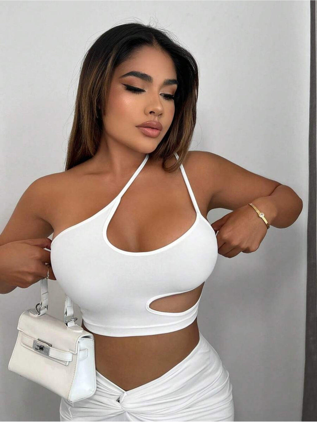 Women Fashion Solid One Shoulder Cut Out Crop Top Summer Party Outfits - White