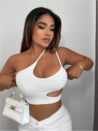 Women Fashion Solid One Shoulder Cut Out Crop Top Summer Party Outfits - White