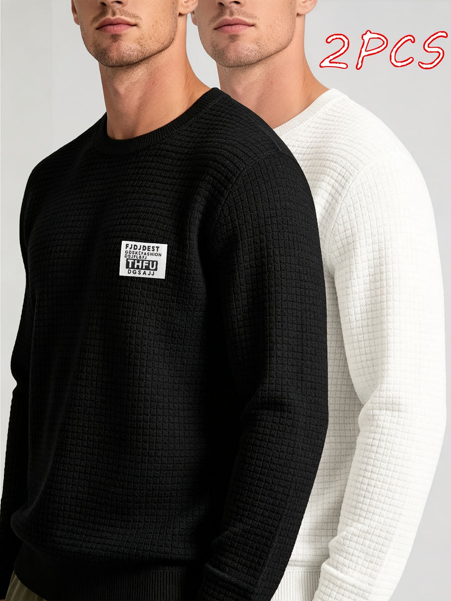 2pcs Men's Knit Pullover, Crew Neck Sweater in Different Color Combinations, Small Check Waffle Knit Texture, Warm and Comfortable for Autumn/Winter, Solid Color Simple and Versatile, Can Be Used as a Gift for Men - Black+Light White