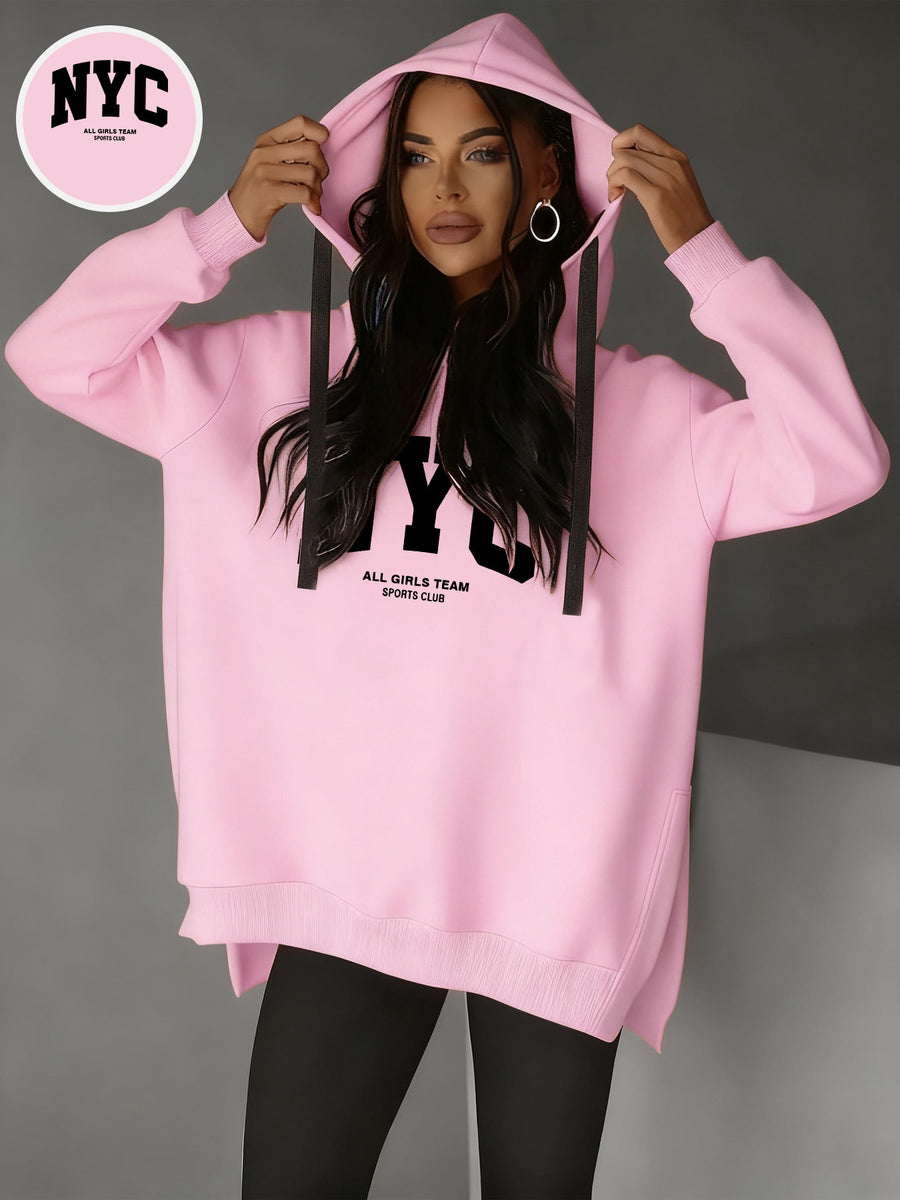 Women'S Stylish Hoodie with Side Slits And Drawstring for Autumn And Winter, Perfect for And Casual Wear, Featuring Cute Prints And a Comfortable Fit, Available in Multiple Colors - Pink Color