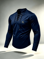 2026 New Men'S Casual Outdoor Tie-Neck Polo Shirt - K, Long Sleeve for All Seasons, Button-Less Design with Cross Drawstring, Stand Collar, Breathable And Comfortable, Quick-Dry - Navy Color