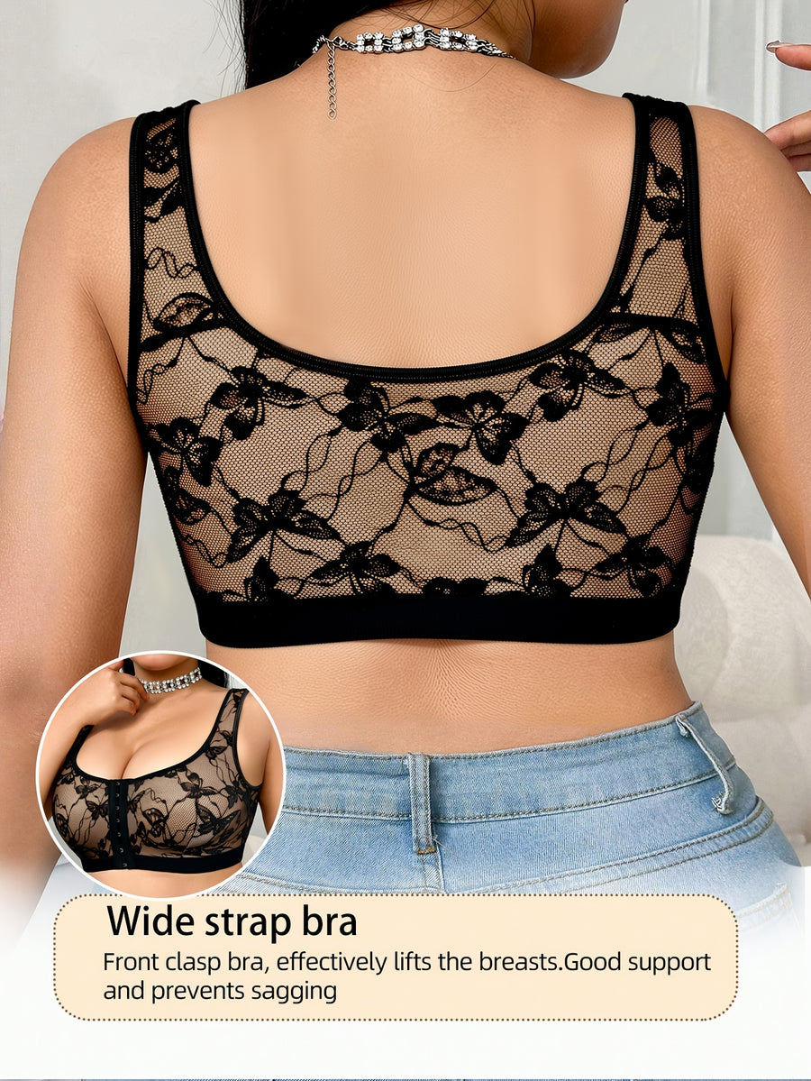 Plus Size Women's Sexy Front-Button Butterfly Mesh Breathable Comfortable Bra, New Spring/Summer Wire-Free Vest Top - Black