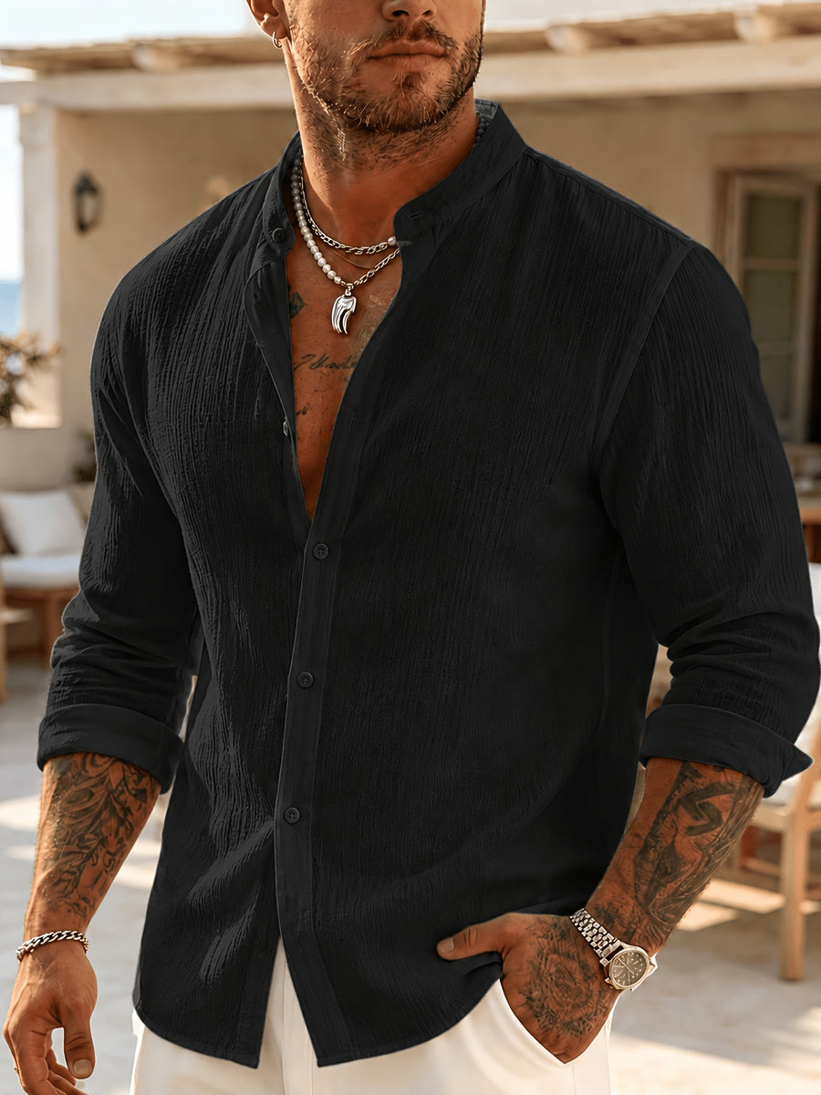 [Pearson OBM] Men'S Comfortable Long Sleeve Casual Shirt - Party Wear, Lightweight Breathable Stand Collar Button-Up, Versatile for Daily Wear, Activities, And Outings, Fashionable Men'S Clothing for Various Occasions, Street Style - Black