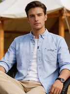 Spring/Autumn Men'S Oxford Cloth Collared Shirt, Individual Chest Print Long Sleeve Blouse, Slimming Outdoor Casual Top, Youth Versatile Commute Light Business Men'S Basic Shirt - Light Blue