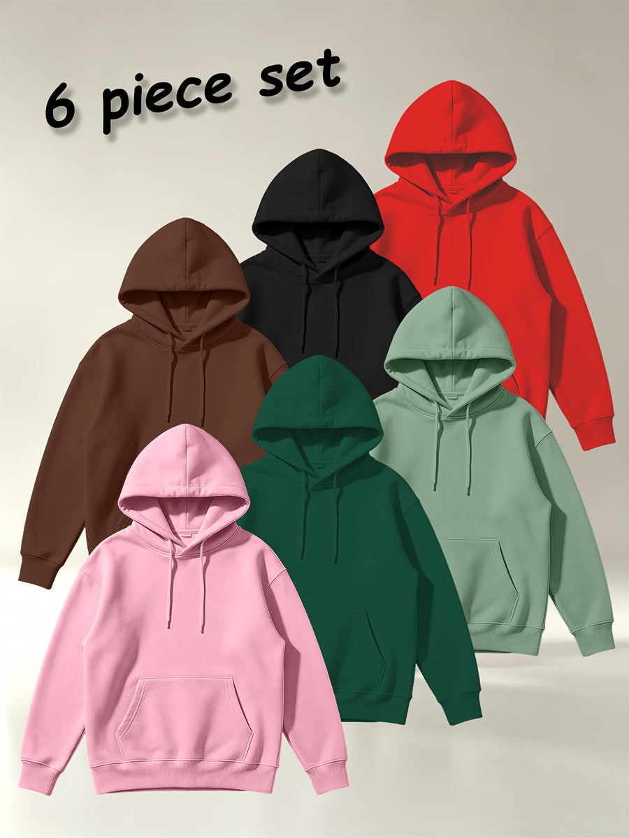 [Villa Joy Water OBM] 6pcs Set Solid Color Basic Hooded Sweatshirt Set Unisex Multi-Color Loose Pullover with Kangaroo Pocket Basic Style Autumn Winter Hoodie Combination - Pink+Dark Green+Light Green+Brown+Black+Red