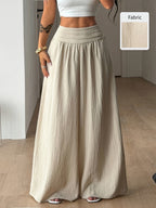 Women's Autumn/Winter Elegant Casual Vacation Solid Color Loose Textured Wide-Leg Pants - Apricot