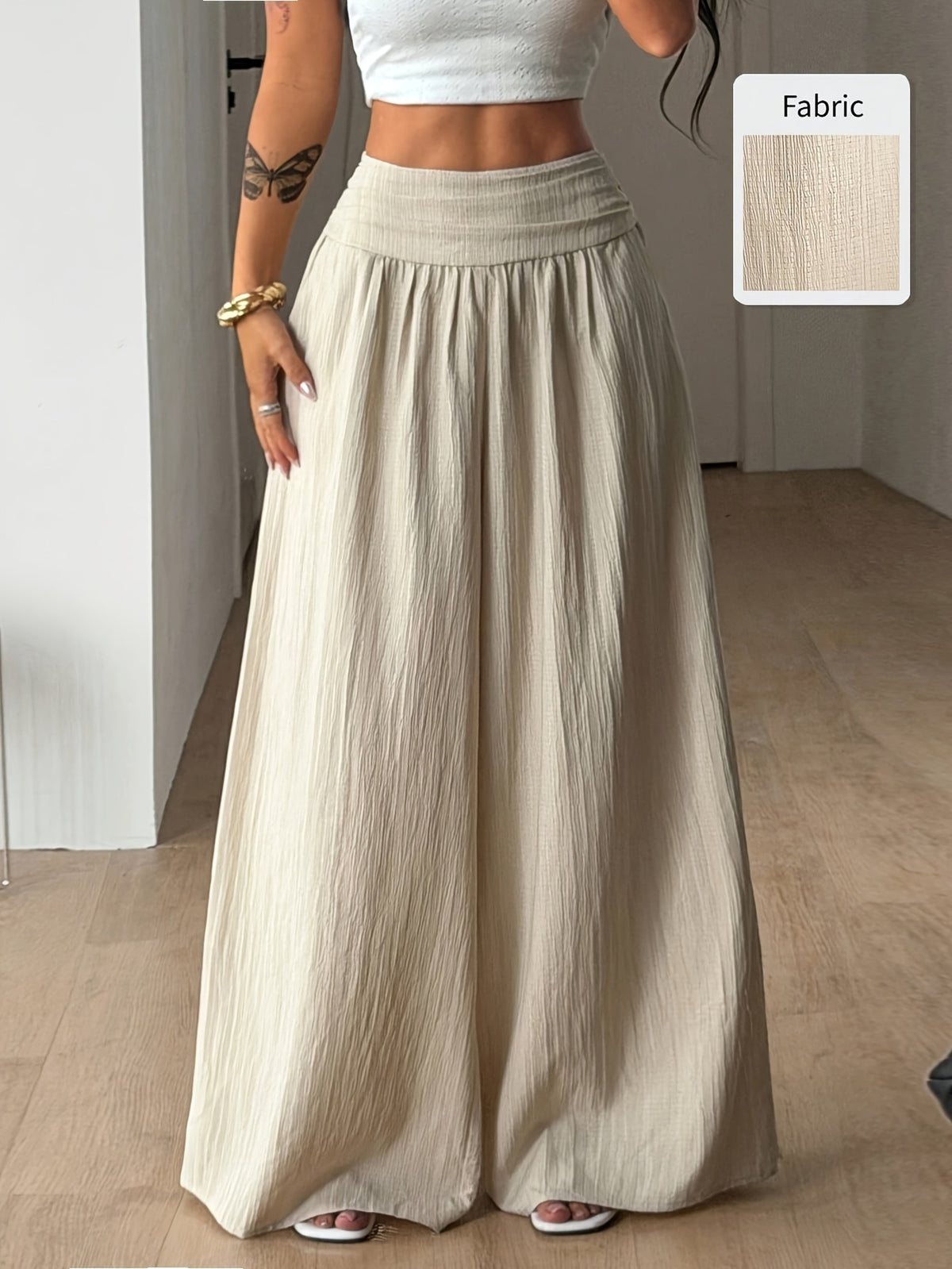 Women's Autumn/Winter Elegant Casual Vacation Solid Color Loose Textured Wide-Leg Pants - Apricot