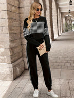 Ms. Emily Rose'S Long-Sleeve Houndstooth Patchwork Sweatshirt And Long Pants Two-Piece Set for Spring And Autumn - Black+Houndstooth