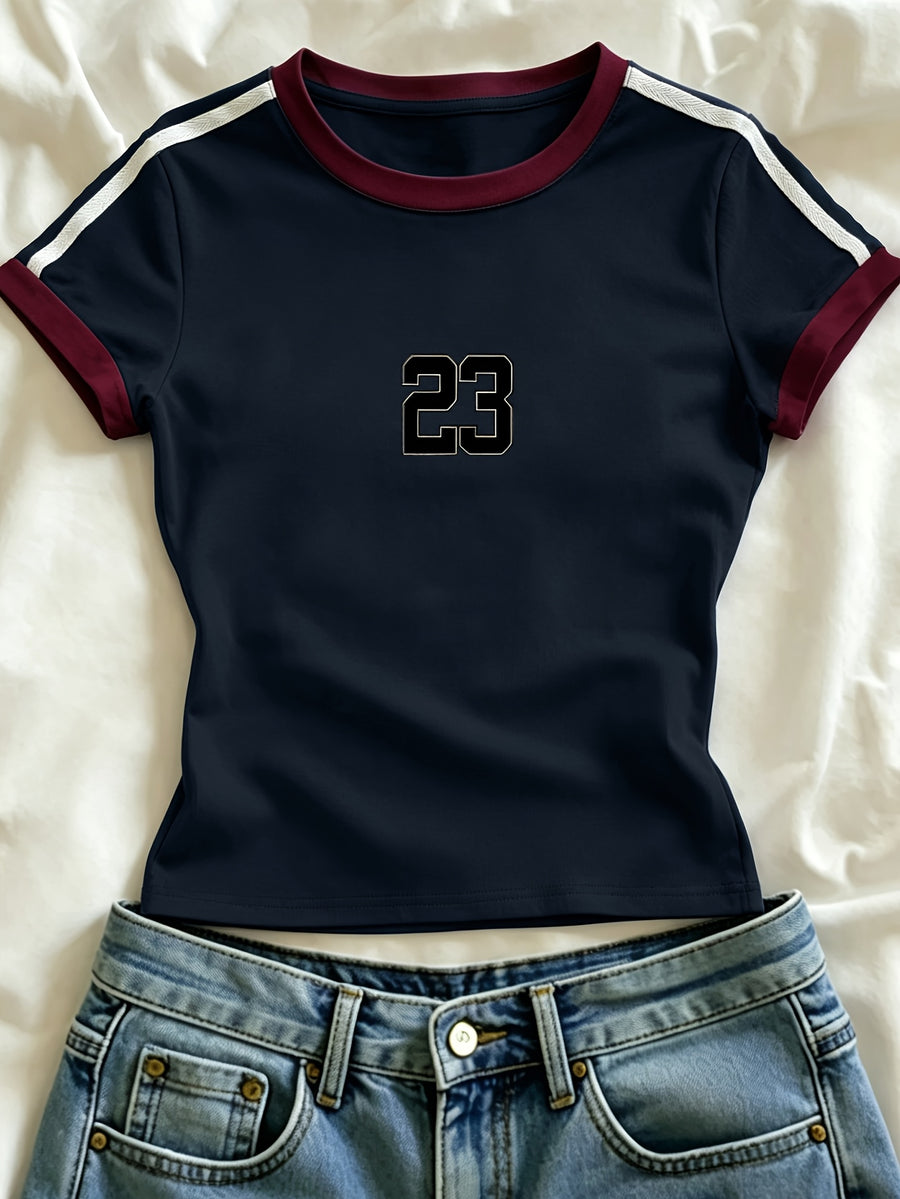 1pc Western Fashion Spring Summer Campus Style Square Shoulder Round Neck Contrast Slim Fit Women'S T-Shirt, Easy Number Pattern Women'S T-Shirt - Navy Color