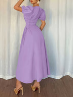Elegant Daily Casual Solid Color Long Dress with Puff Sleeves, Pleated Detail, and Tie Belt, Suitable for Vacation, Banquets, and Parties, Slim Fit Elegant Dress, Summer Dress - Violet Blue