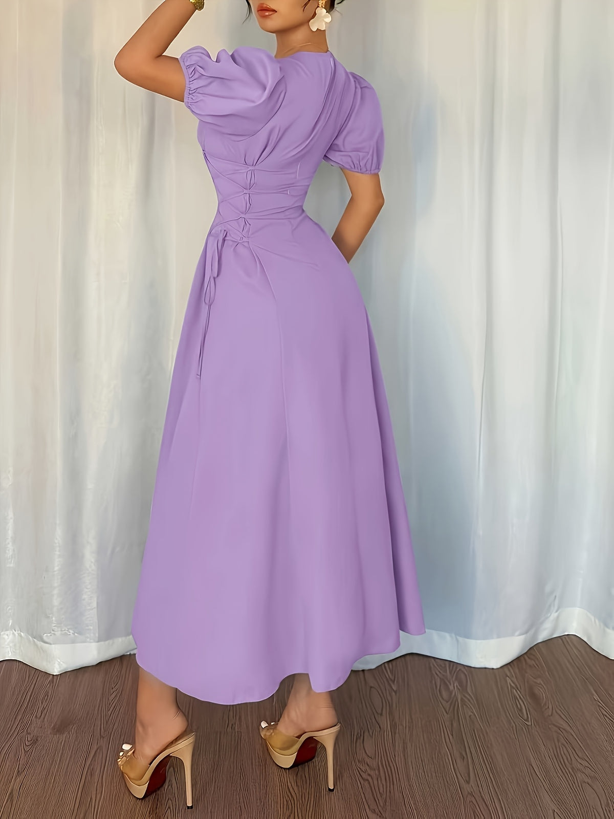 Elegant Daily Casual Solid Color Long Dress with Puff Sleeves, Pleated Detail, and Tie Belt, Suitable for Vacation, Banquets, and Parties, Slim Fit Elegant Dress, Summer Dress - Violet Blue