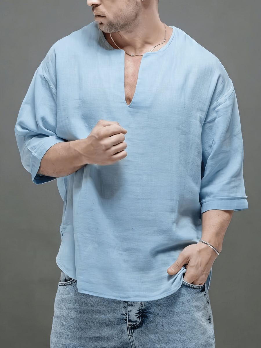 Men'S Casual Linen Short Sleeve Shirt - Lightweight And Breathable, Perfect for Beach, Summer, Weddings, And Outdoor Activities, Outdoor Casual Top | V-Neck Short Sleeve T-Shirt | Breathable Fabric - Sky Blue