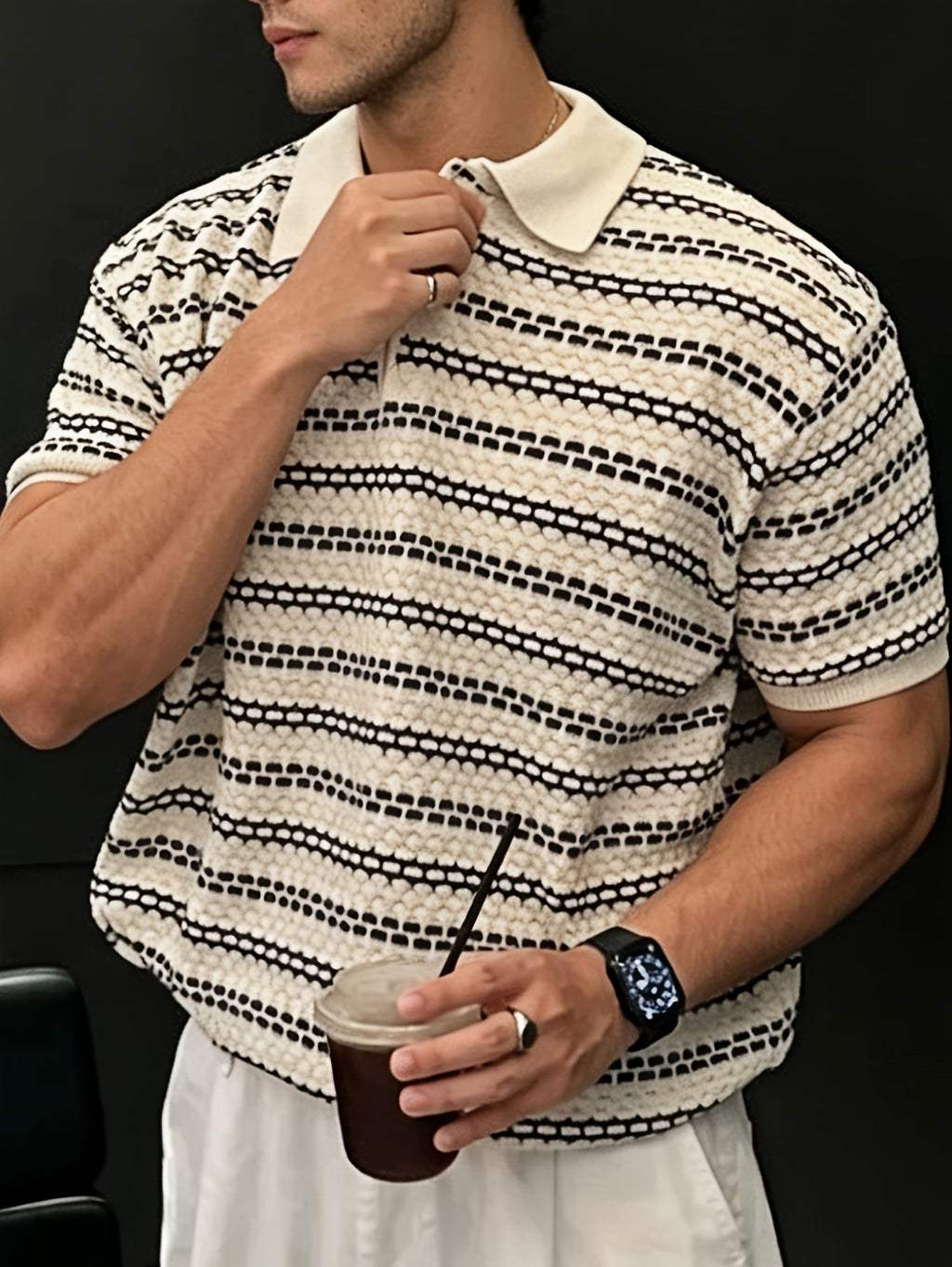 Men's Knitted Pullover Textured Striped Short-Sleeve T-Shirt, Summer Korean Style Outfit, High-End Henley Collar Polo Shirt Top - Apricot