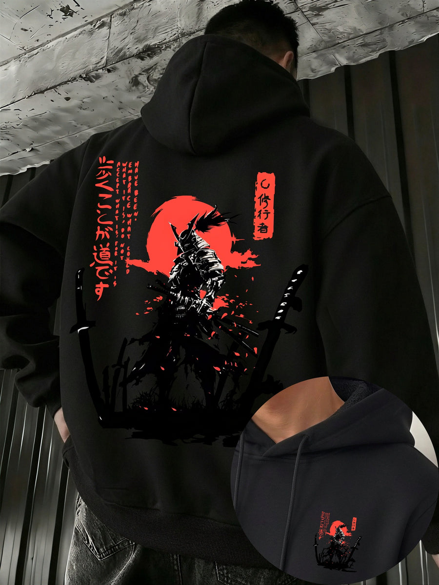 Men'S Hooded Sweatshirt Samurai Print Autumn Winter Comfortable Casual Soft Breathable Everyday All-Match - Black