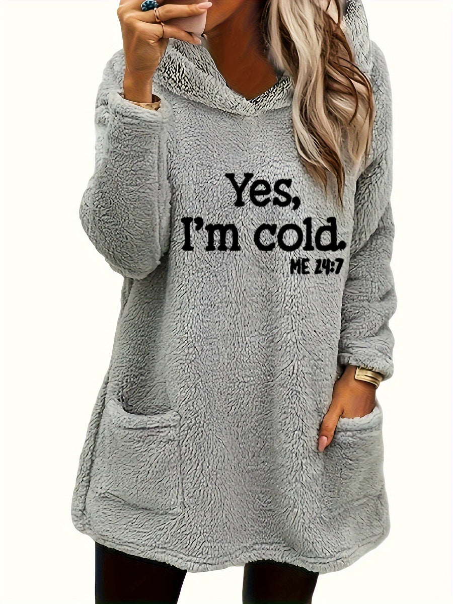 Women's "Yes I'm Cold" Printed Teddy Bear Hooded Sweatshirt - 100% Polyester Relaxed Fit Long Sleeve Pullover with Double Pockets, Cozy Fleece-Lined Casual Winter Top for Fall & Winter - Grey