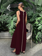 [Size for Regular Fit] Women's Simple Vacation Loose-Fit Comfortable Color-Block Contrast Trim Long Tank Dress - Deep Red