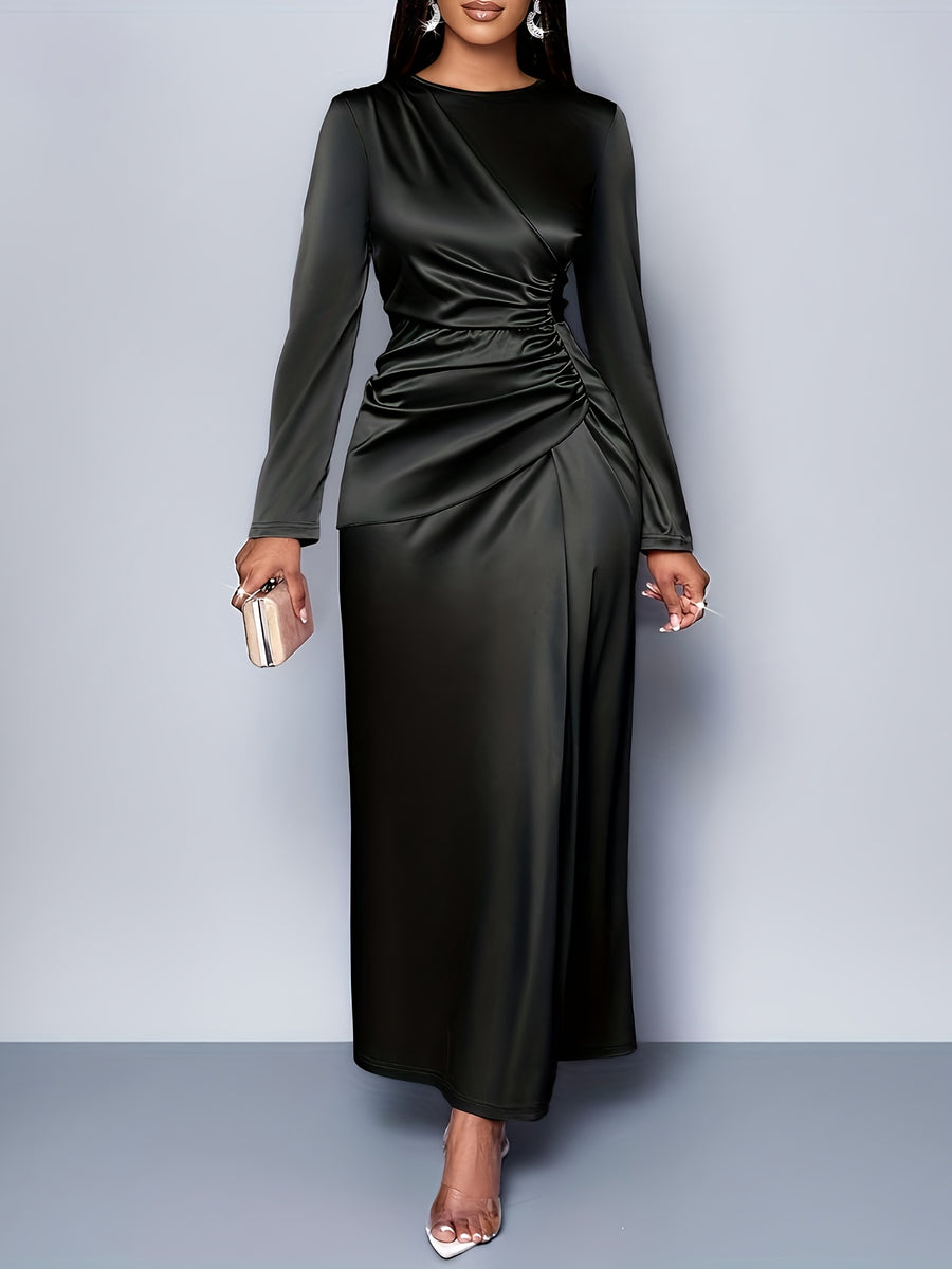 Women'S Elegant Solid Color Ruched Side Satin Bodycon Dress Suitable for Dating Party Maxi Women Outfit - Black