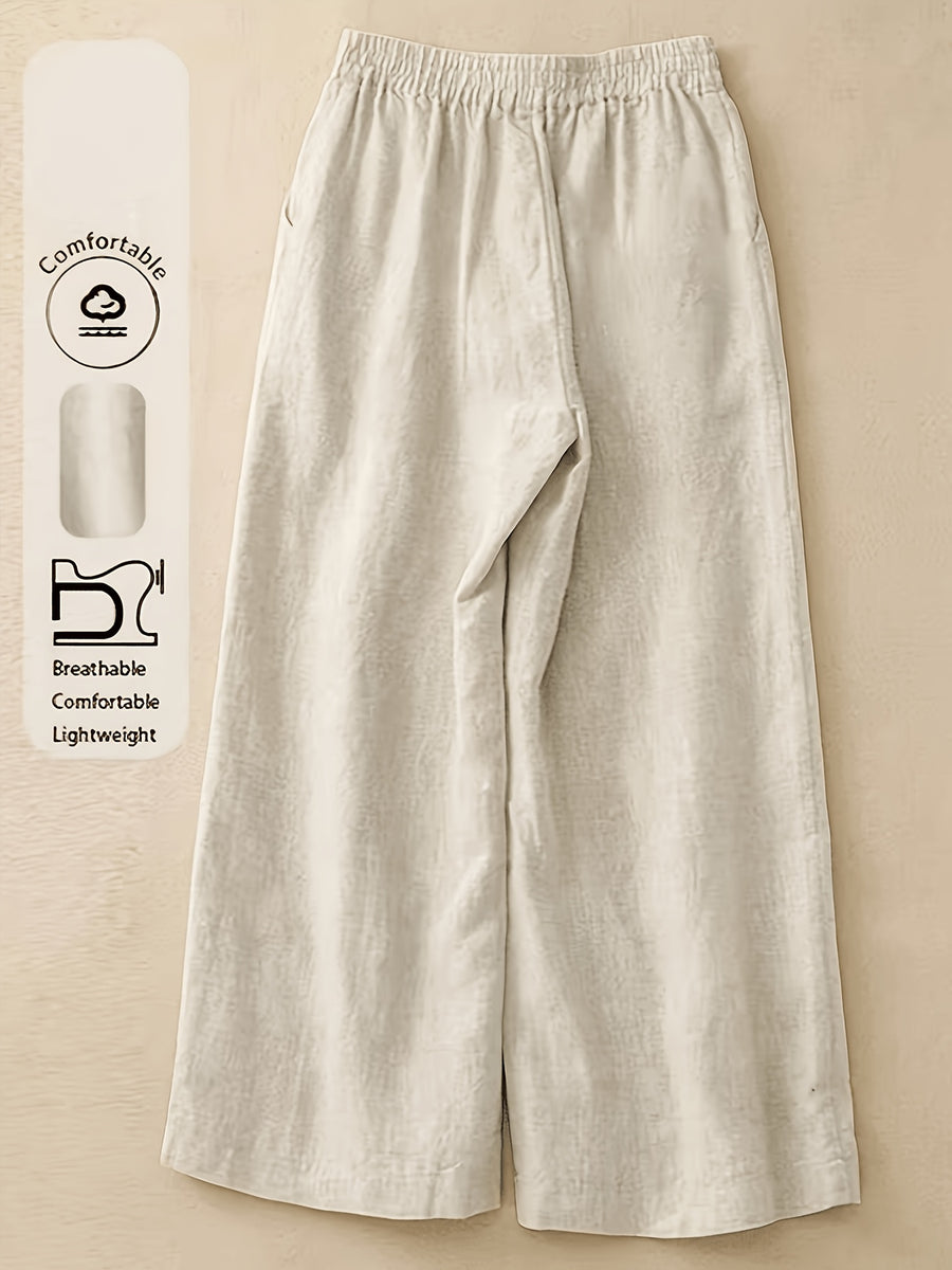 Women's Straight-Leg Ankle Pants with Button Closure & Detail - Loose-Fit Trousers Suitable for Seasons, Solid Color Casual to Dressy Wear, Machine Washable Non-Stretch Pants for Office, Everyday Outfits - Milky