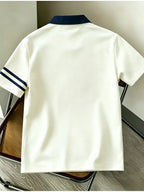 Double Stripe Sleeve Polo Shirt, Retro American English Slogan Print Color-Block Lapel Trendy Men'S Casual T-Shirt - Mixed colors