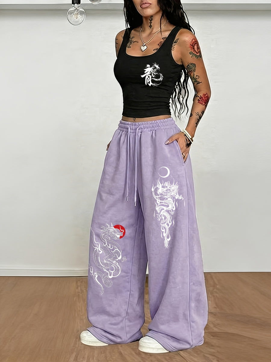 National Trend Oriental Dragon Pattern Sun And Pattern Printing, Women'S Two-Piece Set, Women'S Navel-Baring Top Vest + Elastic Waist Drawstring Casual Sports Wide-Leg Long Pants Women'S Clothing Two-Piece Set - Black+Purple