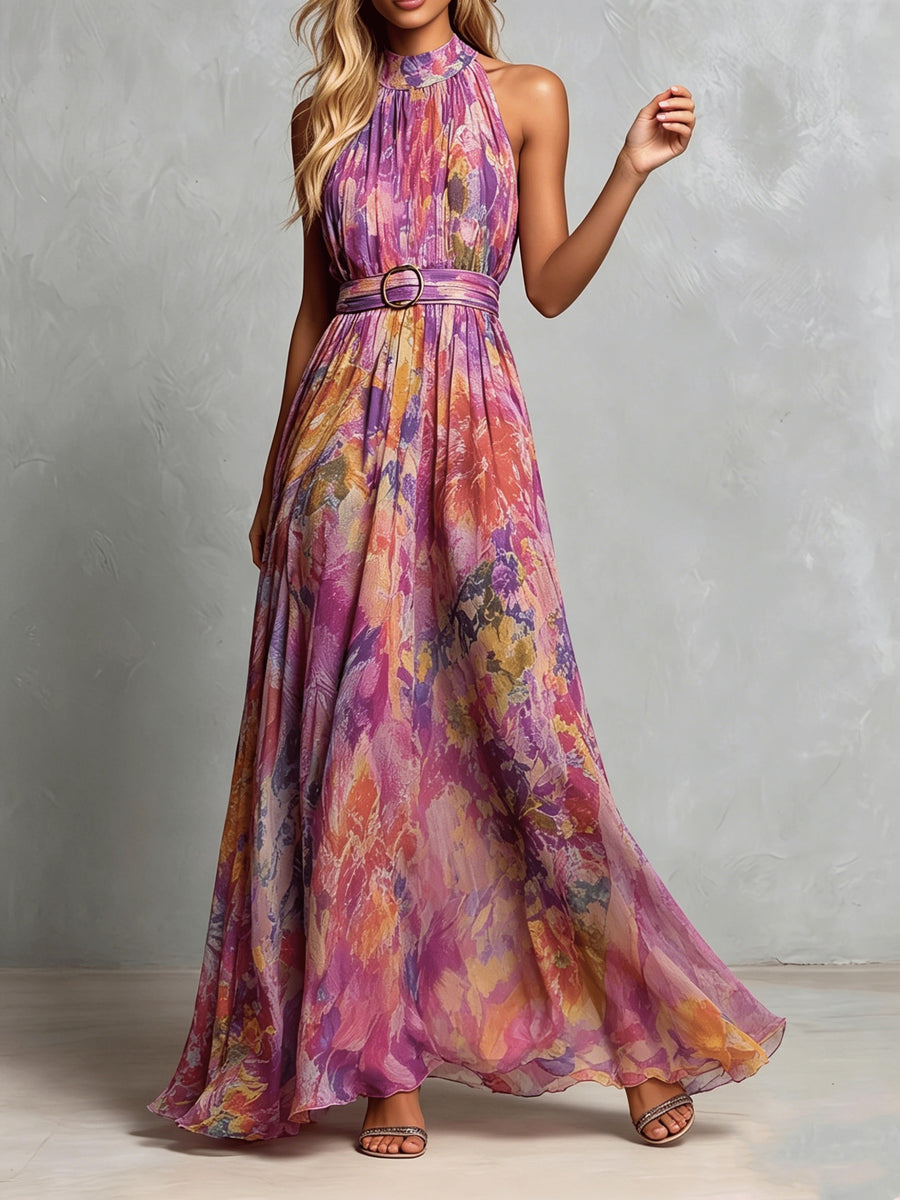 Bohemian Off-Shoulder Maxi Dress with Belted -Line Silhouette - Chiffon Wedding Guest Dress Suitable for Parties, Prom, Photo Shoots, Machine Washable -Length Gown - Multicolor