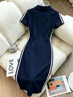 Ladies Bow Print Side Stripe Polo Collar Dress, Slim Fit Hip Wrap Dress for Summer - Navy Color