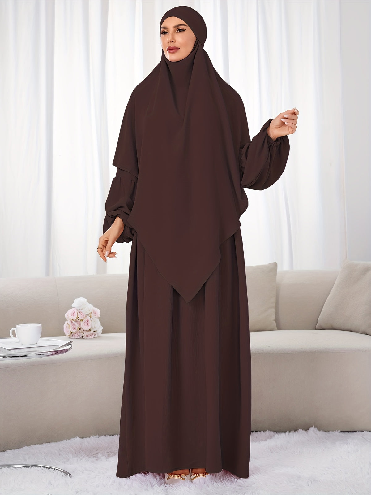 A Set (+Abaya) Fashionable And Elegant Muslim Dress, Elegant Cuff Drawstring, Comfortable And Casual Solid Color, Suitable for Outdoor Travel And Daily Wear. Loose Women'S Abaya Dress - Coffee Color