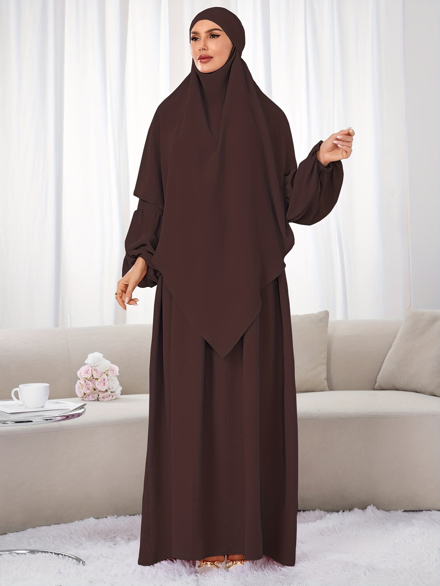 A Set (+Abaya) Fashionable And Elegant Muslim Dress, Elegant Cuff Drawstring, Comfortable And Casual Solid Color, Suitable for Outdoor Travel And Daily Wear. Loose Women'S Abaya Dress - Coffee Color