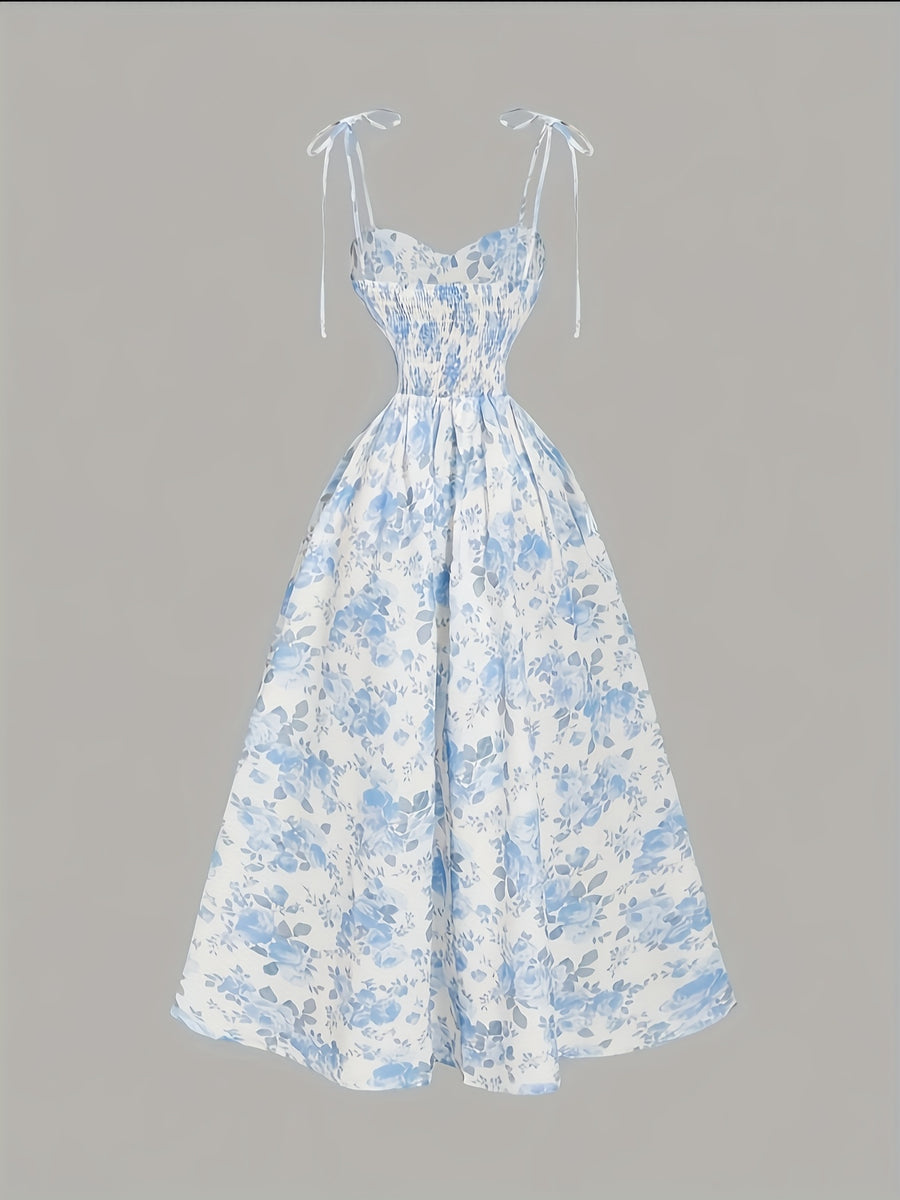 Elegant Floral Print Spaghetti Strap Long Dress | Shirred Detail, Fit And Flare Style For Adults - Mixed colors