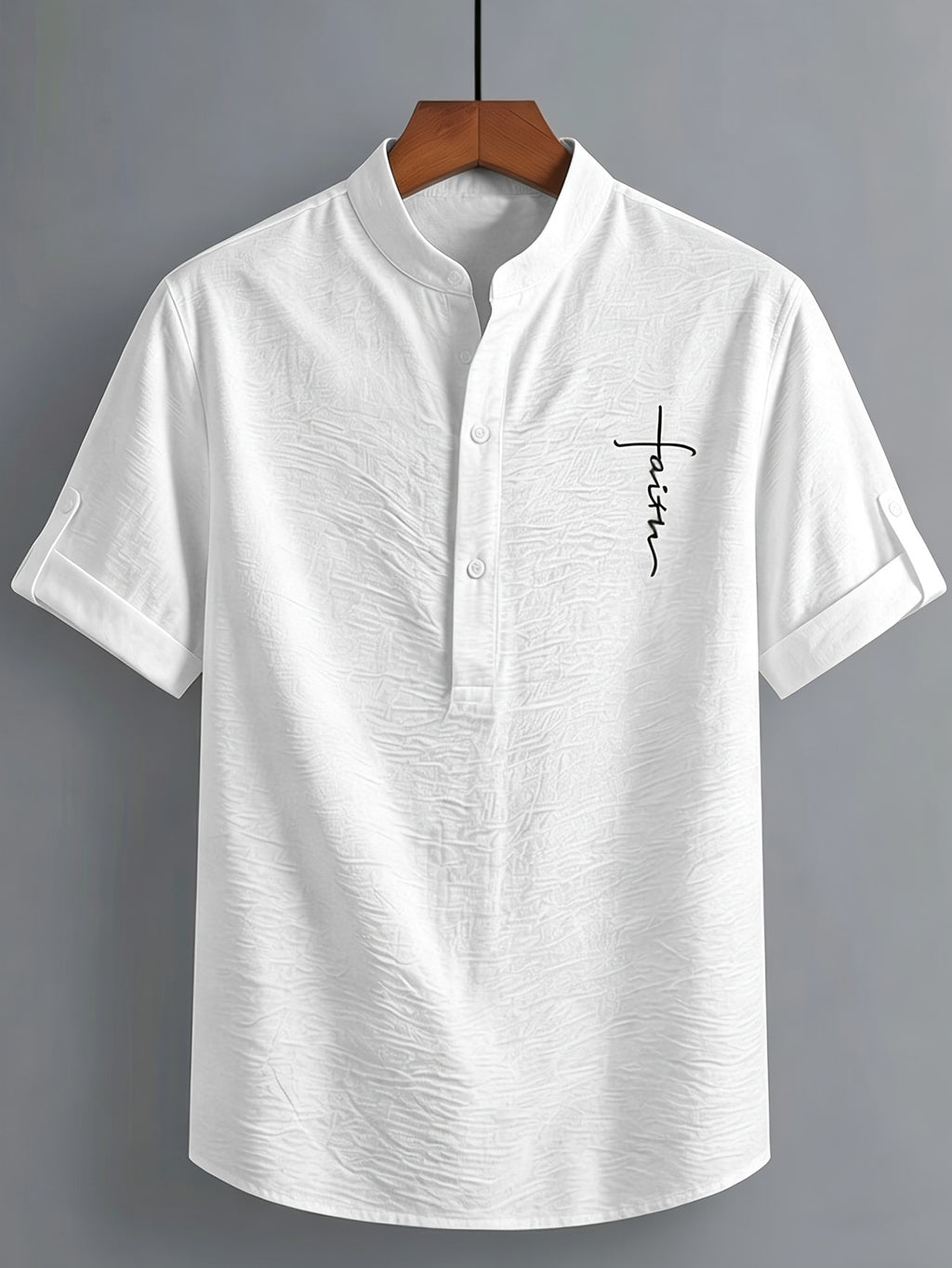 Men'S Stand Collar Pleated Texture Short Sleeve Shirt English Letter Heat Transfer Half-Open Henley Casual Commute Light Mature Style Top - White