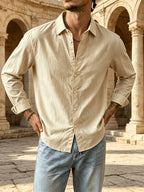 Men's Button Front Long Sleeve Shirts for Summer, Classic Solid Color Lapel Casual Work Shirts, Loose Fit Lightweight Breathable Daily Tops, Vintage Fashion Outdoor Vacation Blouses - Khaki