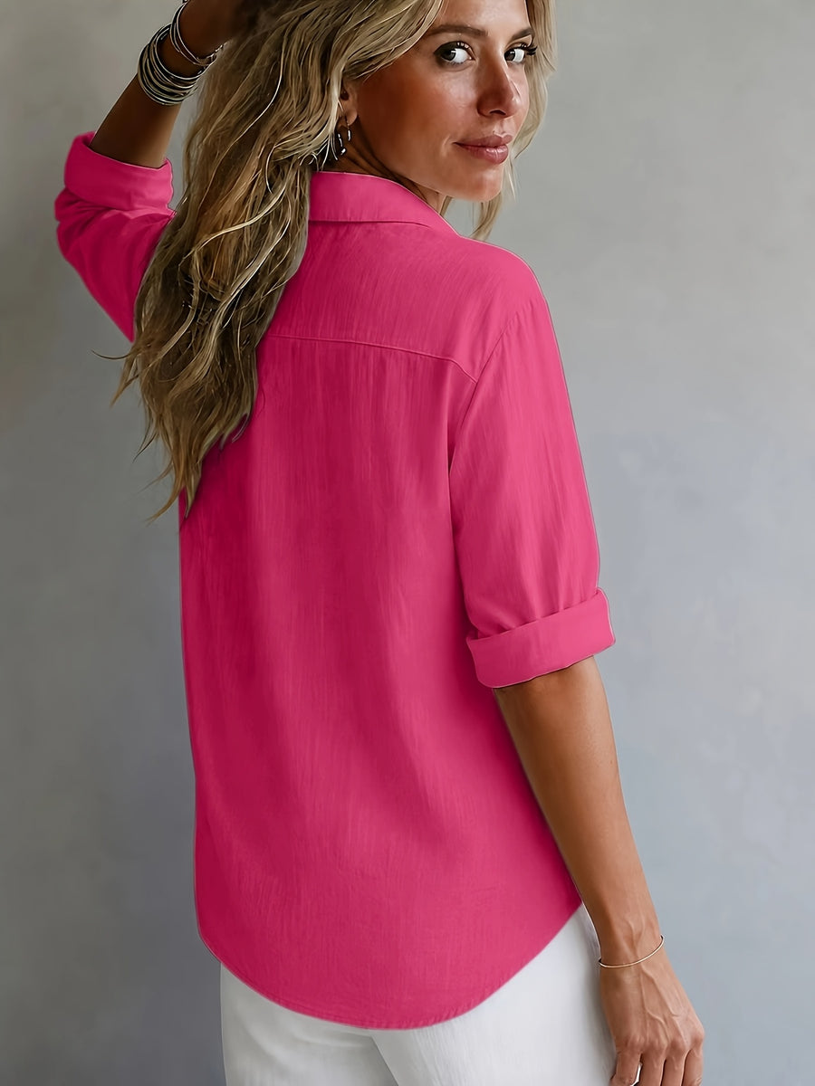 Multi-Color Available Taxi Direction New Stunning Elegant Style Solid Color POIO Collar Long Sleeve Spring Autumn All-Season Versatile Shirt - Rose Red