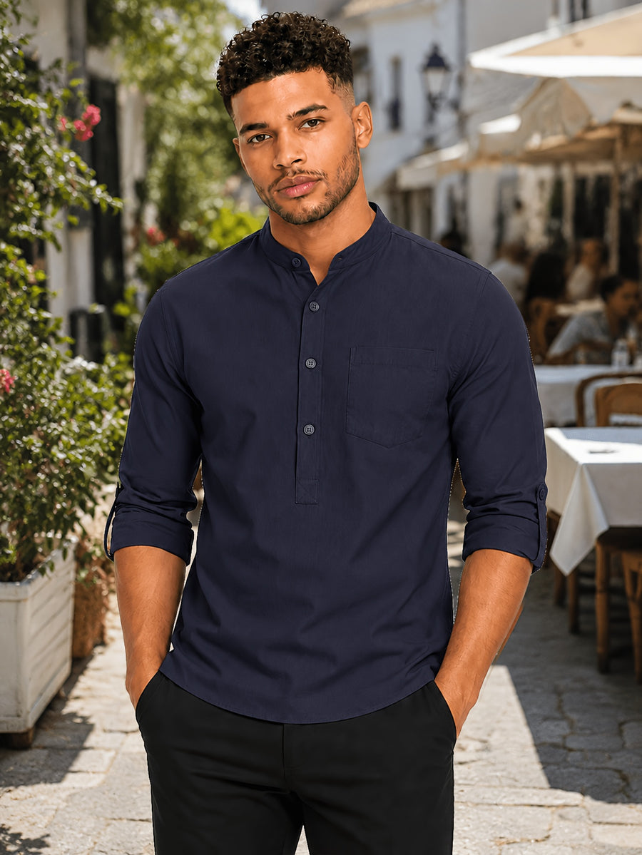 New Men'S Half-Placket Shirt - Casual Business, Outdoor Function Meets Daily Style | Roll-Up Long Sleeves, Chest Pocket | Wrinkle-Resistant, Shape-Retaining - from Trail to Commute | Solid Color, Easy-Match, All-Season Layering - Navy Color